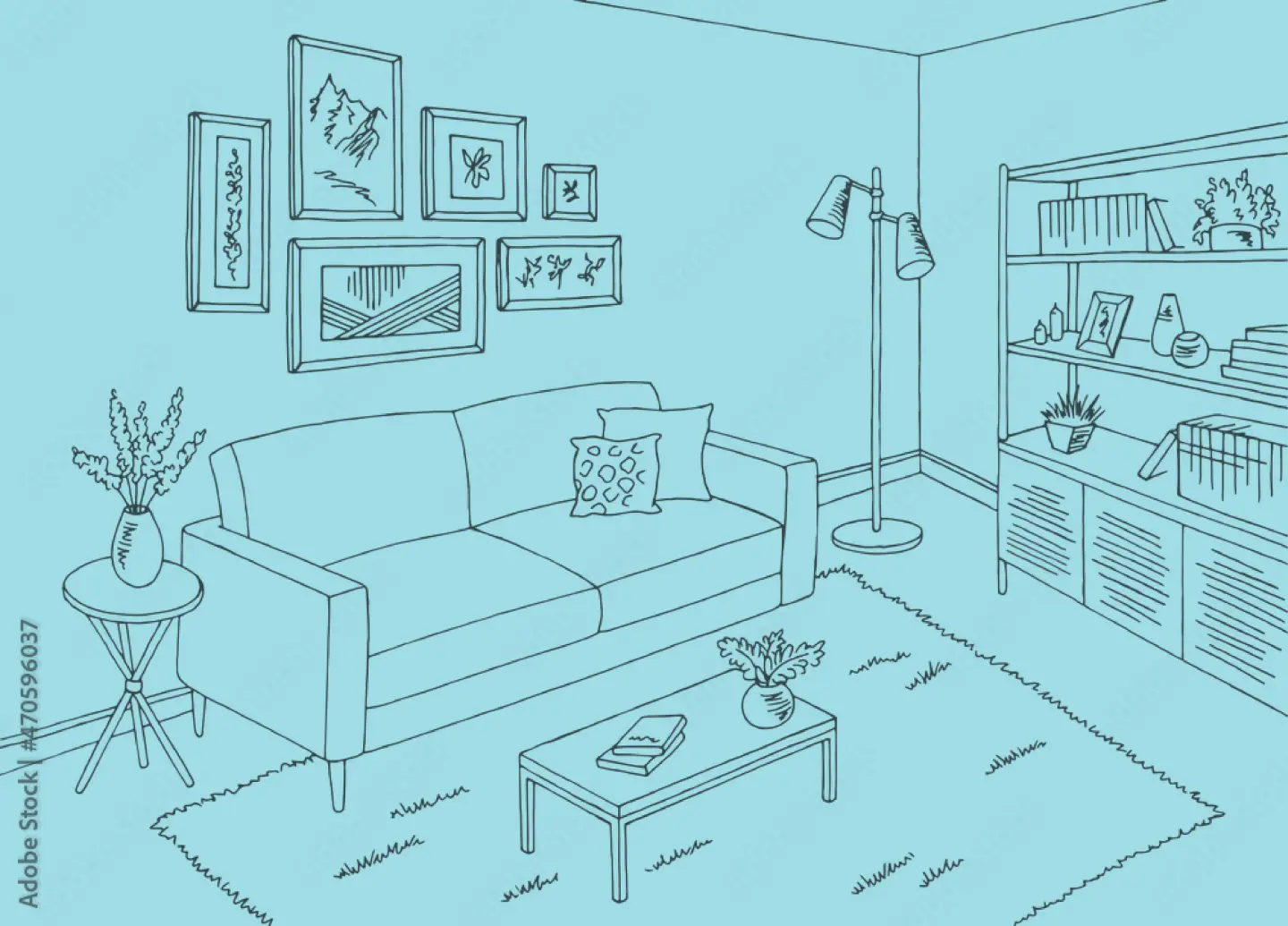 Drawing of a living room in blue